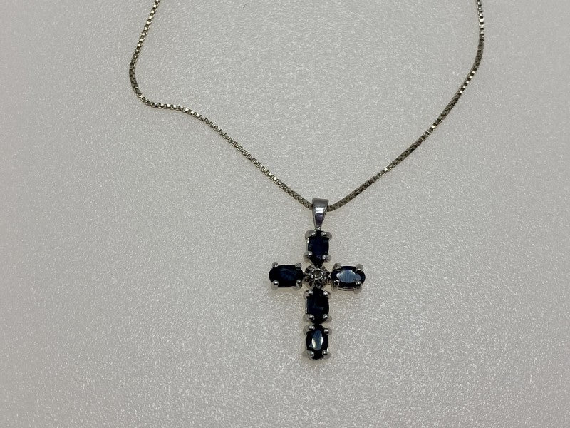 925 Sterling Silver Blue Spinel & Diamond Chain with Cross Italy
