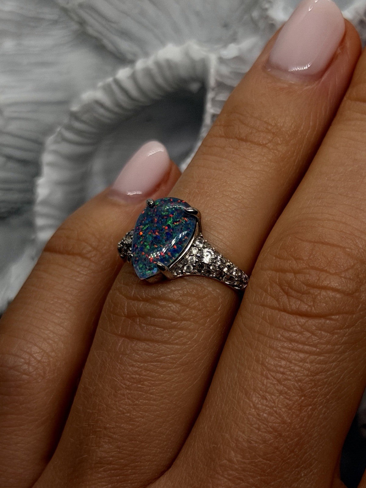 925 Sterling Silver Pear-Shaped Opal & Beryl Ring Size 6