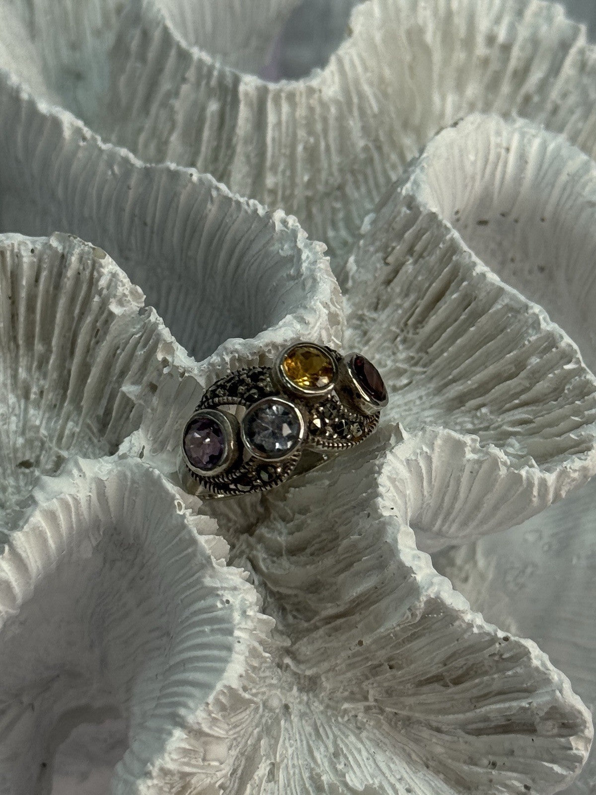 925 Sterling Silver Garnet, Citrine, Topaz, Amethyst & Marcasite Ring Size 5.5