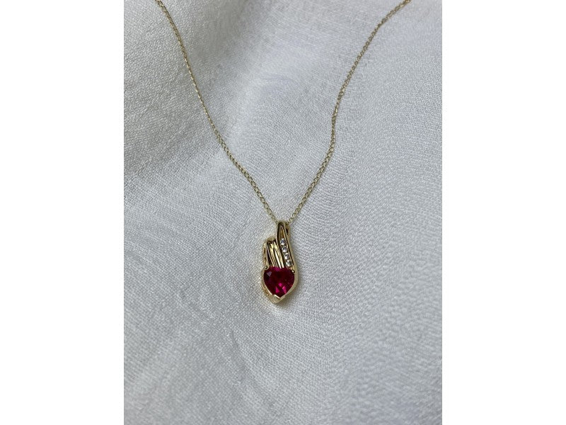 10K Yellow Gold Ruby & Diamonds Heart Chain With Pendant
