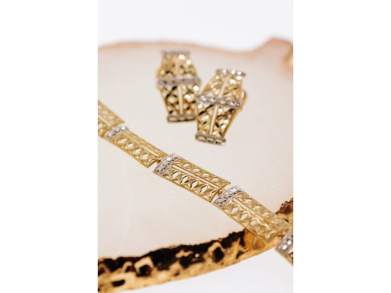 10K Yellow & White Gold "Openwork" Earrings Italy