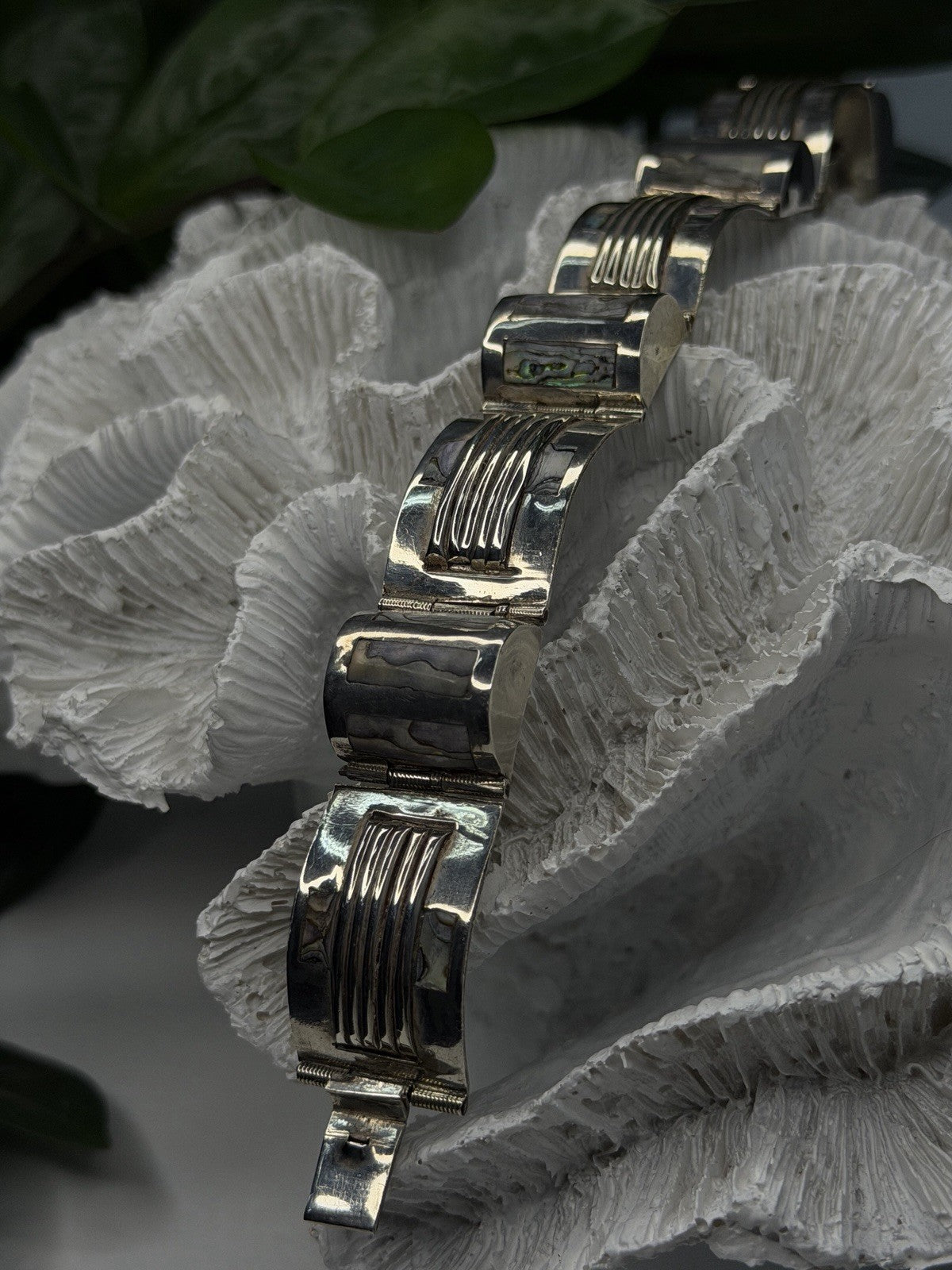 Vintage 925 Sterling Silver Abalone Mother of Pearl Bracelet Length 7
