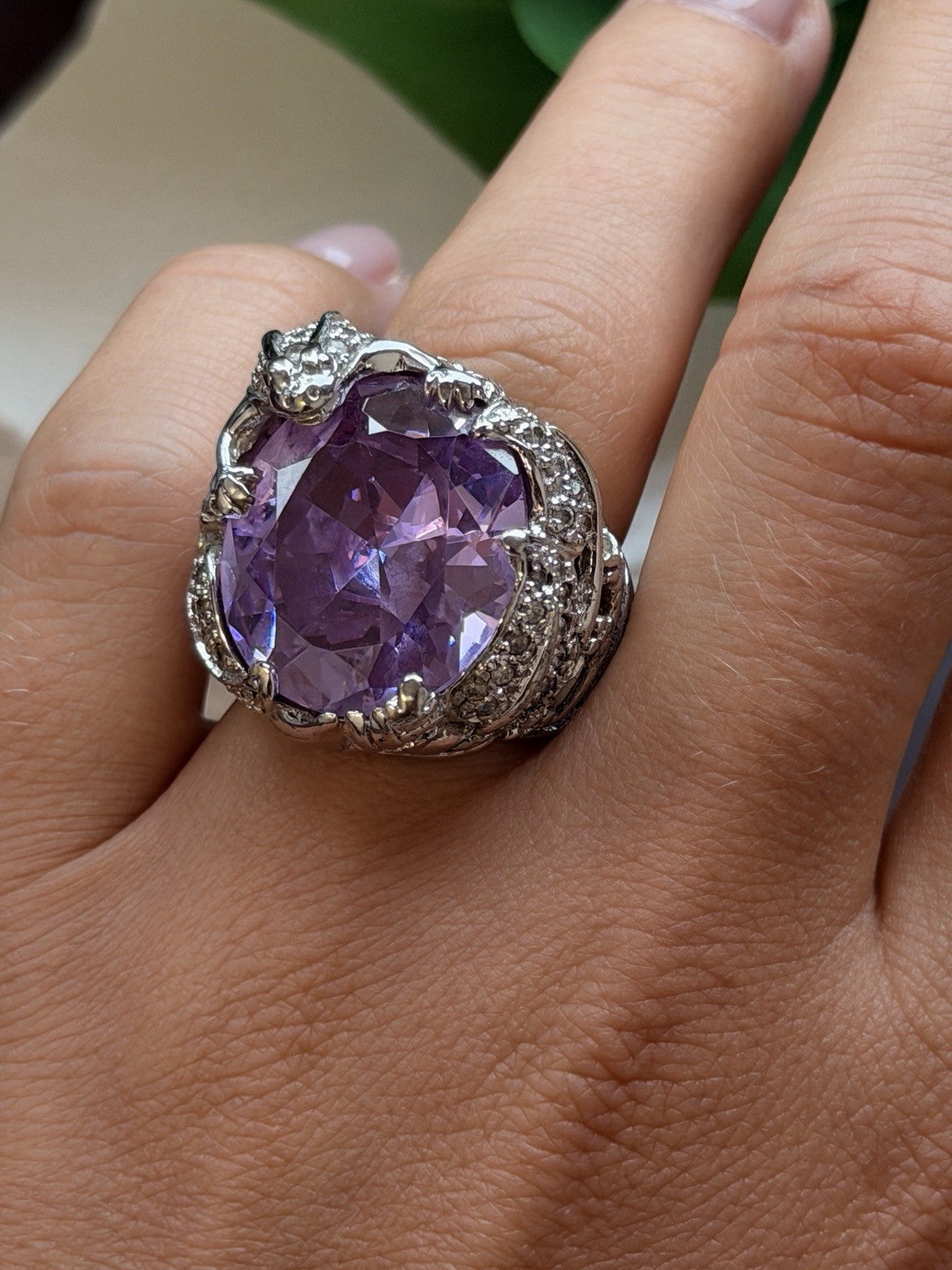925 Sterling Silver Frog Ring Large Purple Amethyst & White Clear Beryl Size 7