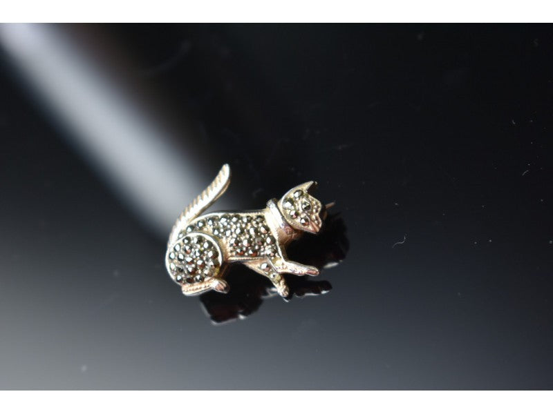 925 Sterling Silver Black Quartz (Morion) "Cat" Brooch