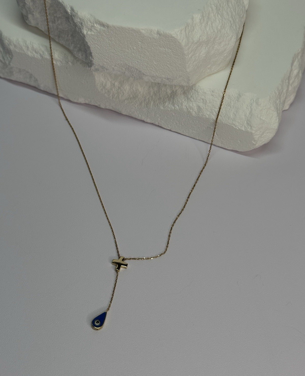14K YELLOW GOLD CROSS EVIL EYE NECKLACE LENGTH 15 INCH