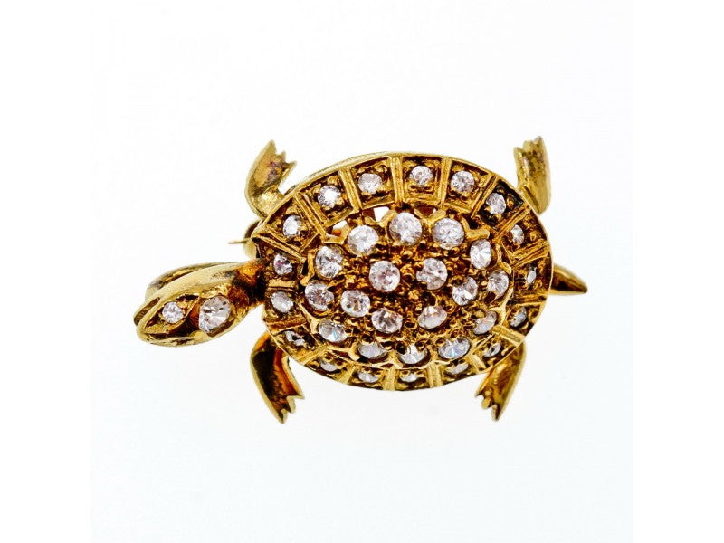 925 Sterling Silver Gold Plated CZ "Turtle" Brooch