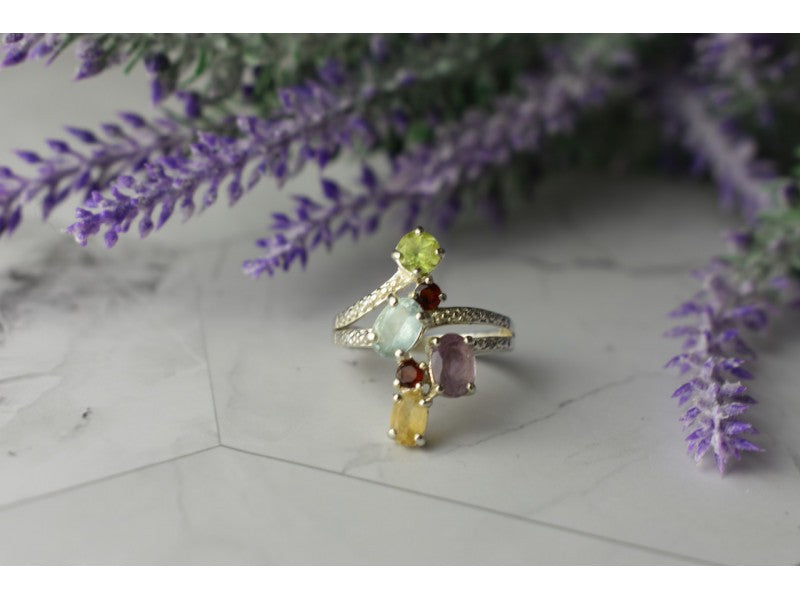 925 Sterling Silver Multi Gemstones Ring Size 8