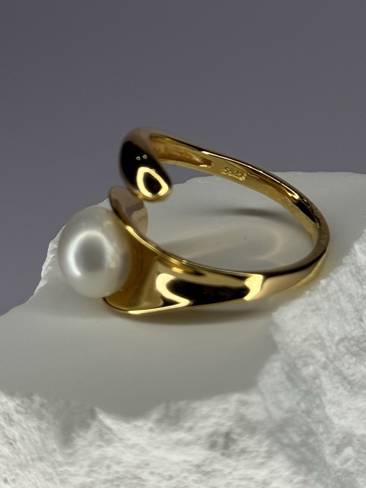 925 Sterling Silver Gold Plated Pearl Ring Size Adjustable