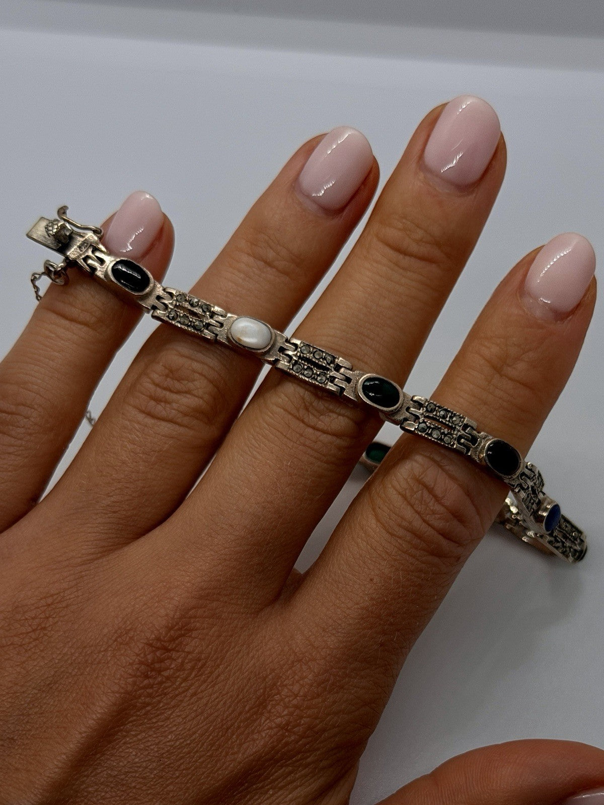 Vintage Marcasite Link Design 925 Sterling Silver MultiStone Bracelet Adjustable