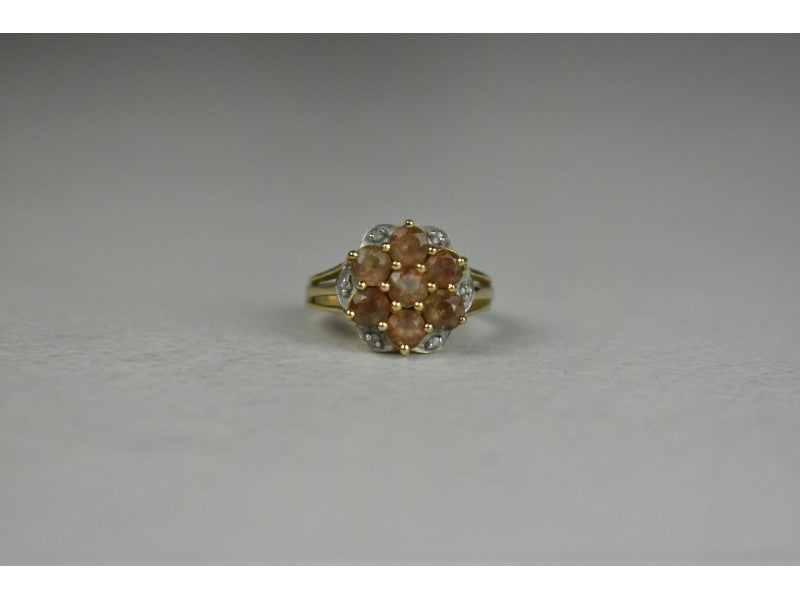 925 Sterling Silver Gold Plated Hessonite & Quartz Ring Size 6.5