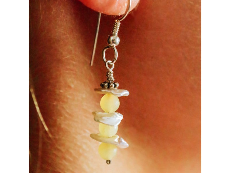 925 Sterling Silver Yellow Agate & Mother Of Pearl Earrings