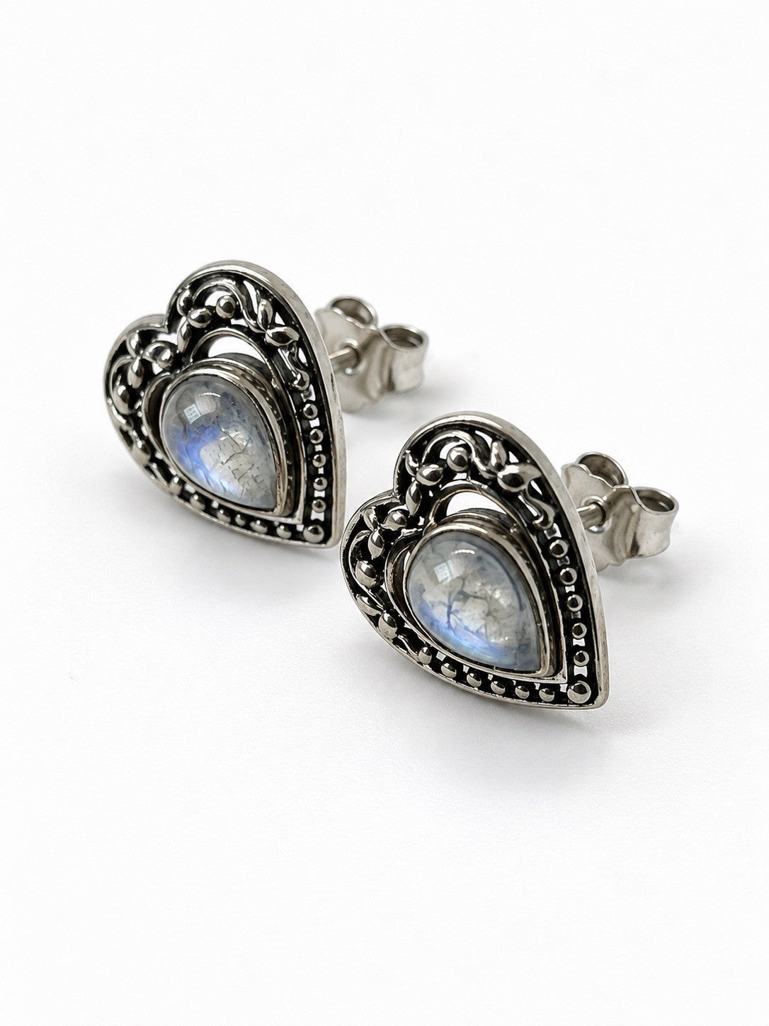 Vintage 925 Sterling Silver Moonstone Heart Earrings