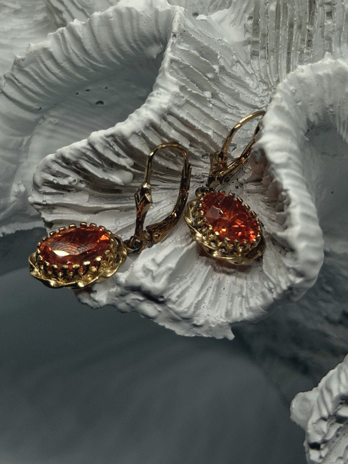 Floral 925 Sterling Silver Gold Plated Orange Cz Floral Dangle Earrings