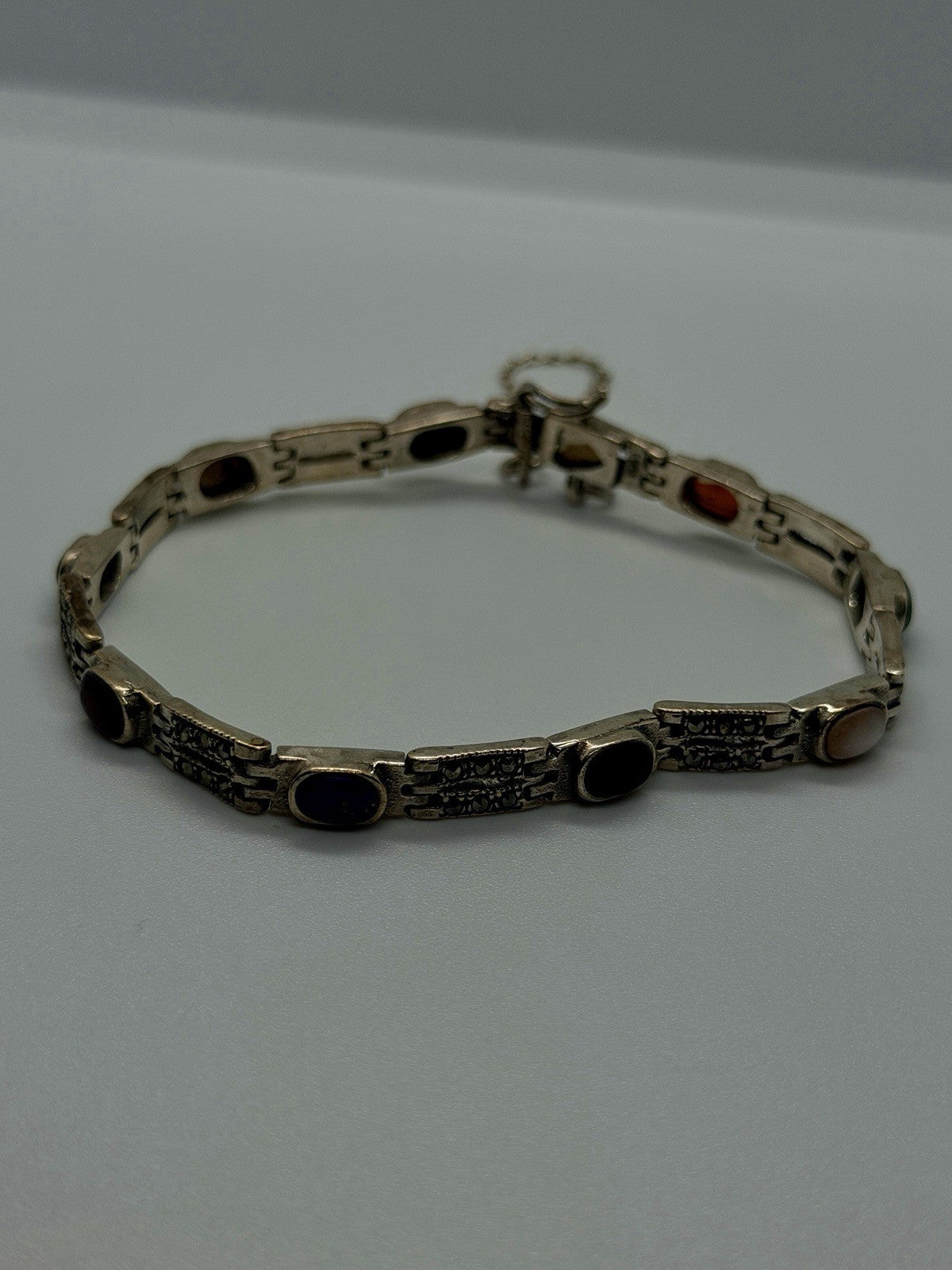 Vintage Marcasite Link Design 925 Sterling Silver MultiStone Bracelet Adjustable