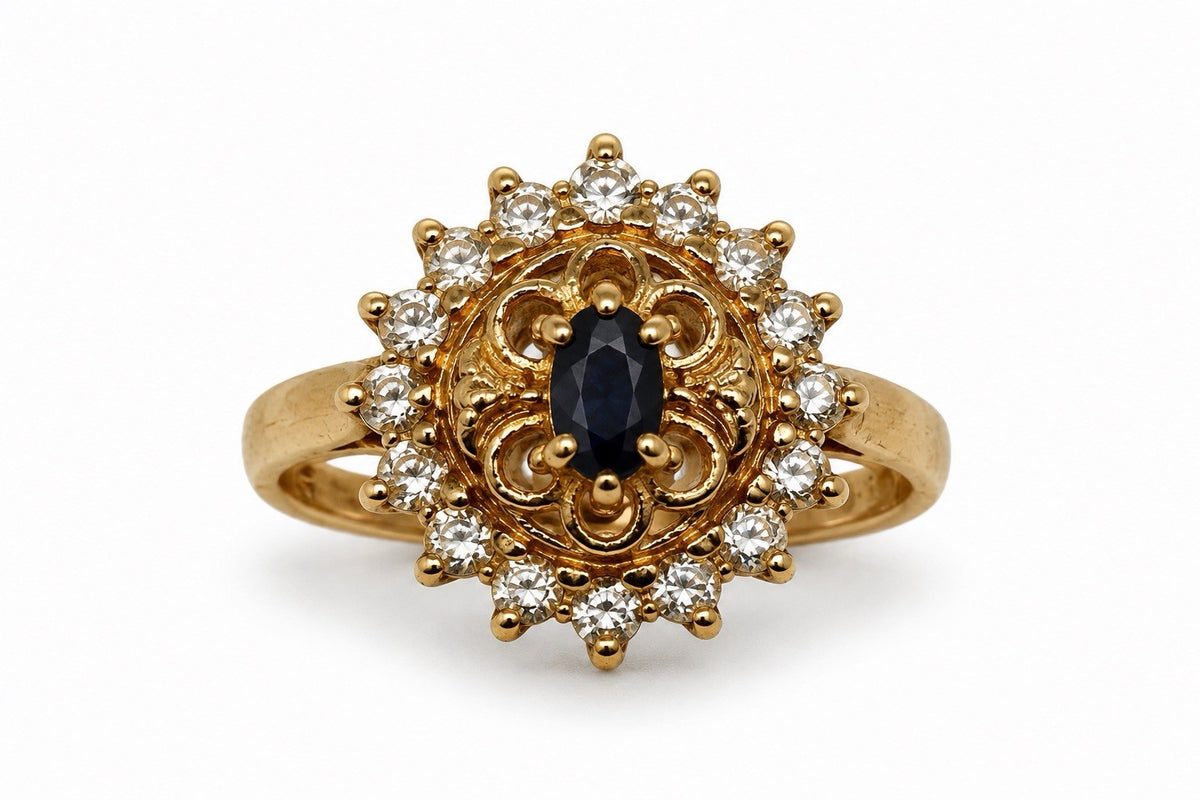 925 Sterling Silver Gold Plated Sapphire & Beryl Stone Ring Size 8