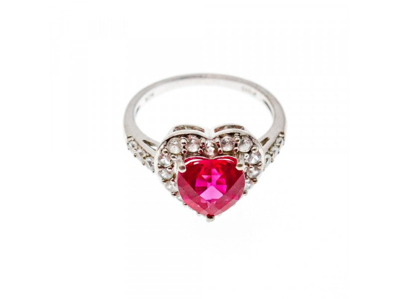 925 Sterling Silver Ruby & CZ "Heart" Ring Size 7