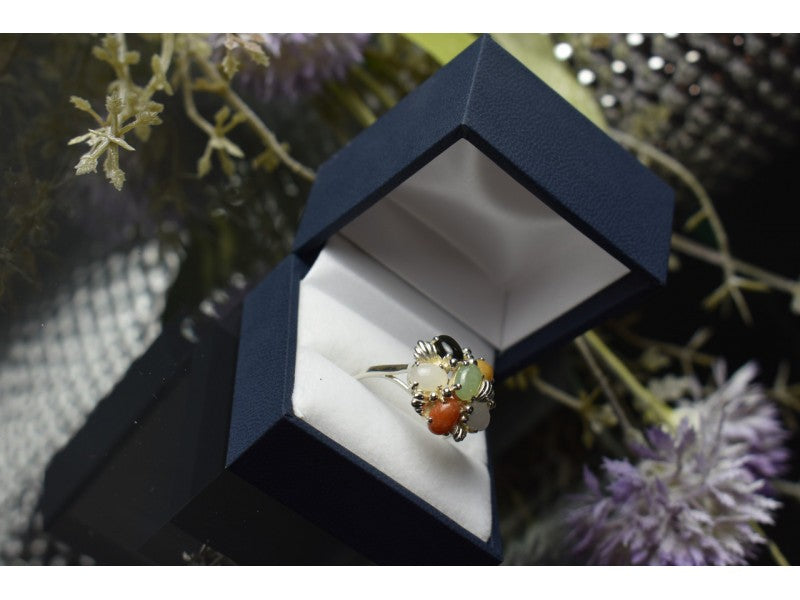 925 Sterling Silver Multicolor Agate, Nephrite & Amber Ring Size 10.25