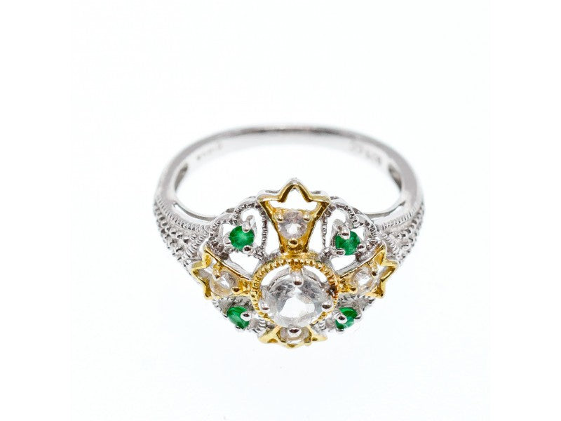 925 Sterling Silver Gold Plated Emerald & Goshenite Ring Size 6.5
