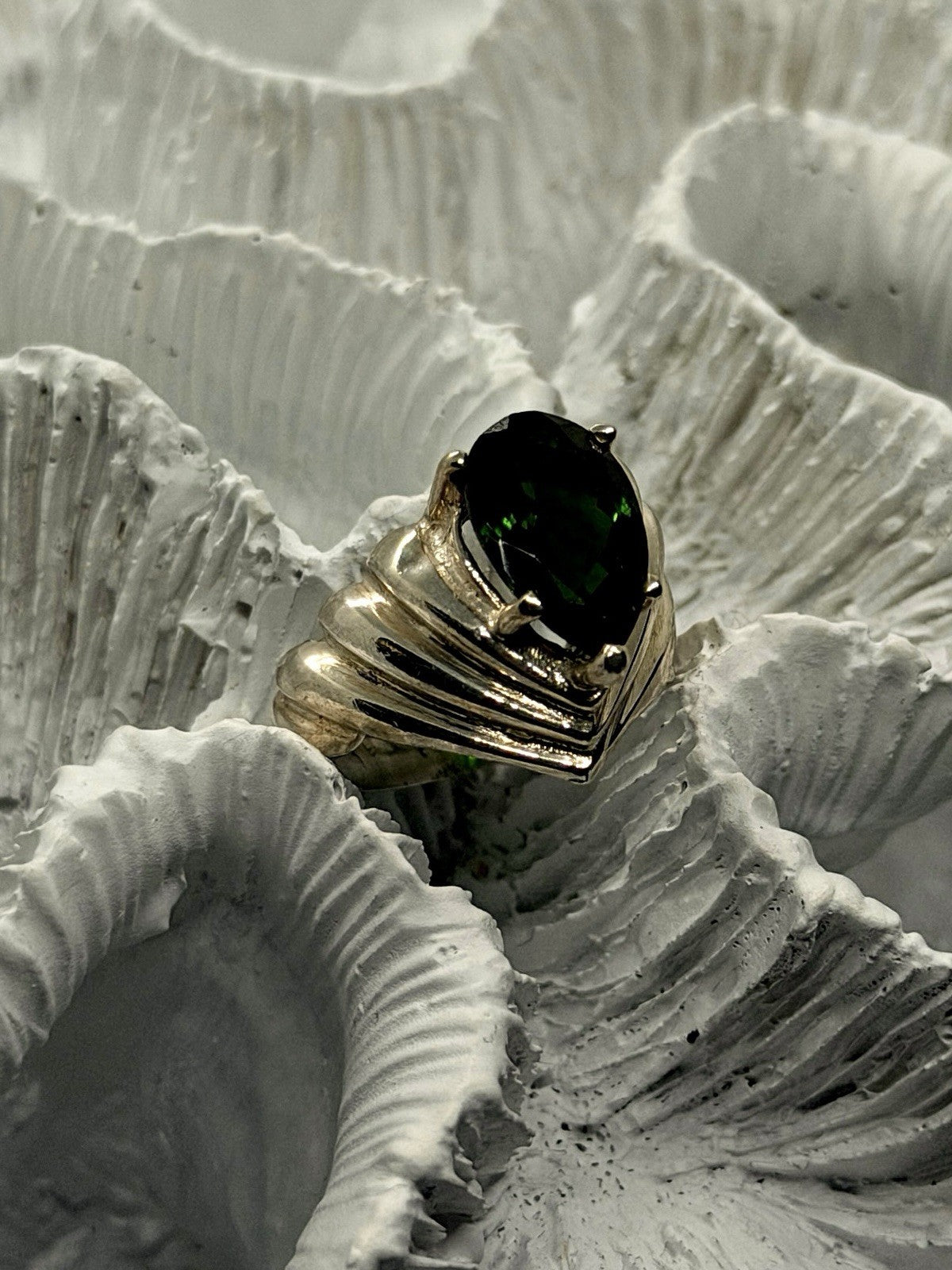925 Sterling Silver Pear-Shaped Deep Green Tourmaline Ring Size 6