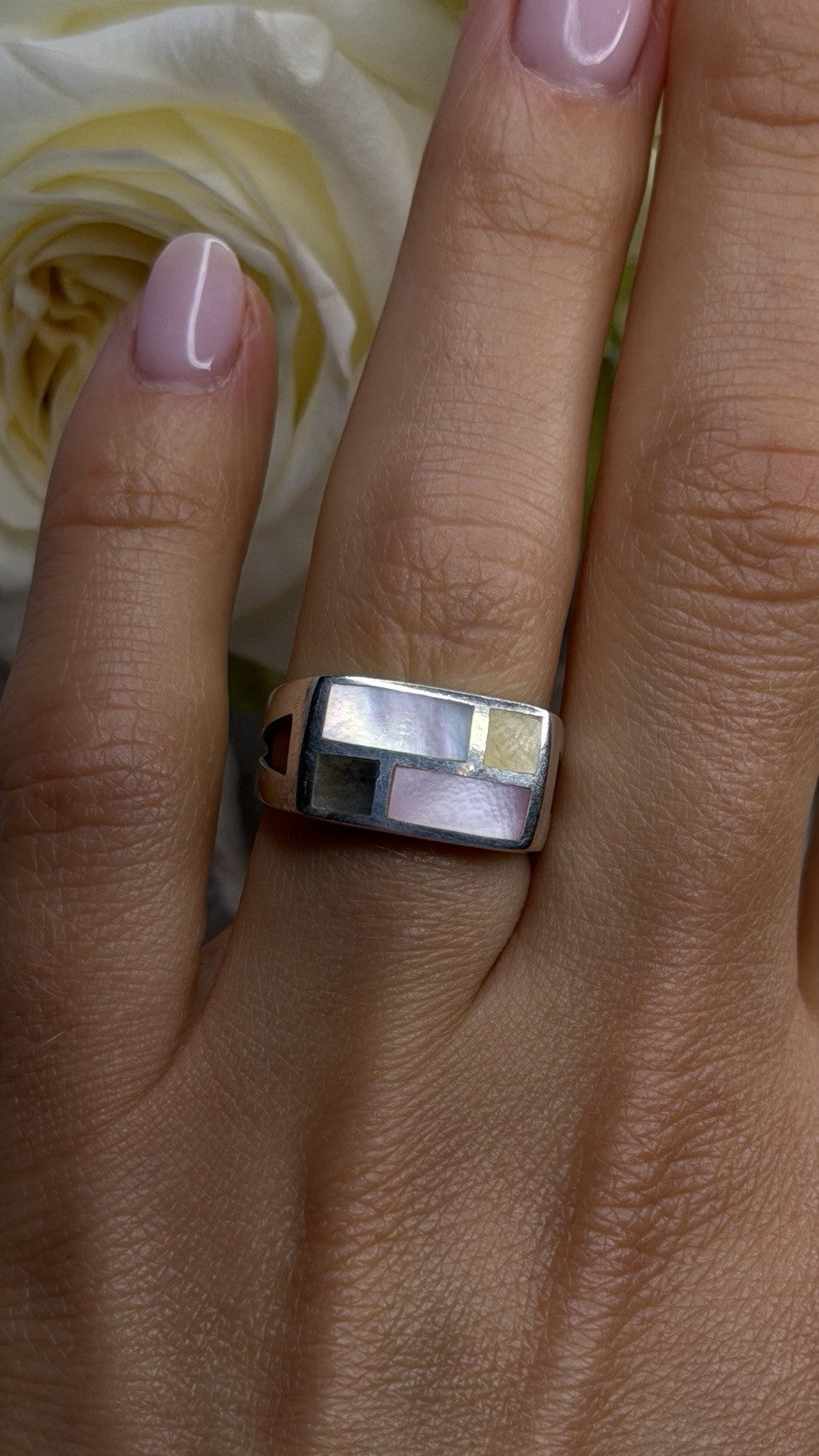 Vintage Modernist 925 Sterling Silver Ring Abalone Stone Mosaic Size 6.5