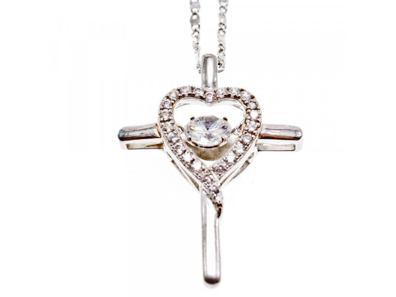 925 Sterling Silver CZ "Heart" Pendant-Cross Japan