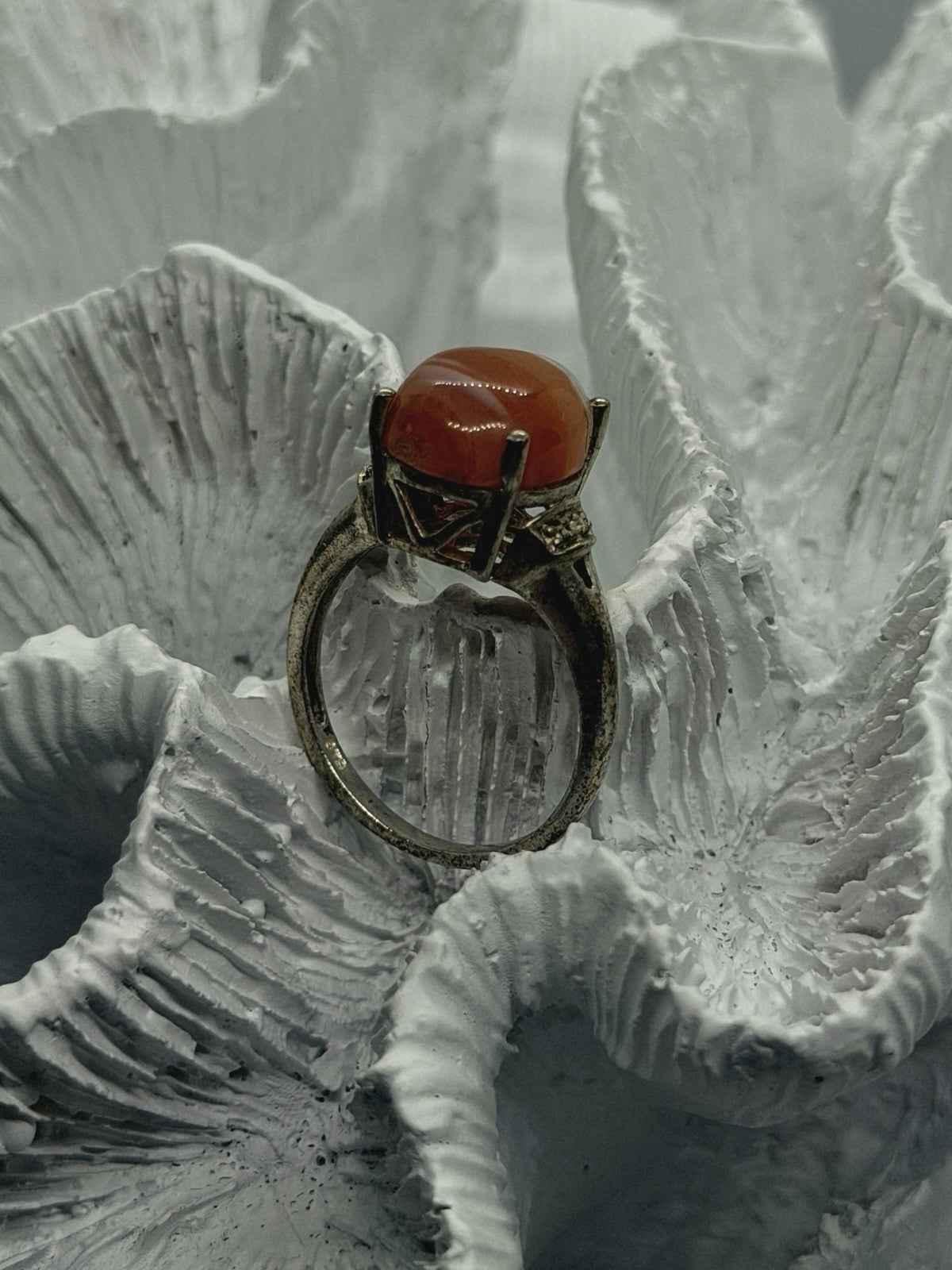 925 Sterling Silver Carnelian & Marcasites Ring Size 7
