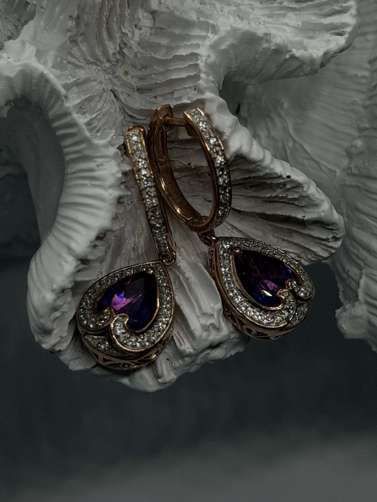 Rose Gold Plated Elegant 925 Sterling Silver Purple Amethyst & Beryl Earrings