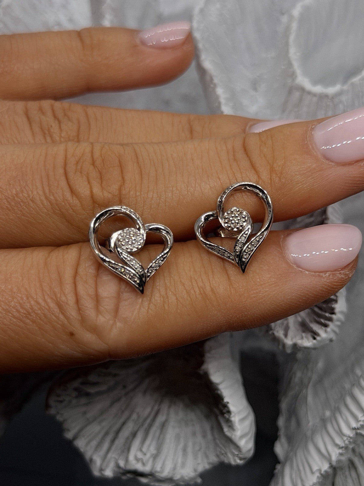 925 Sterling Silver Diamond Accent Open Heart Stud Earrings