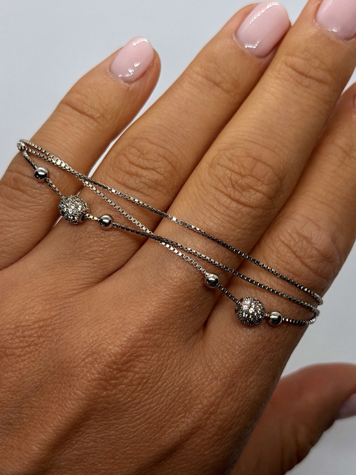 925 Sterling Silver Multi-Strand Box Chain Pave Cz Beads Bracelet Size 6.5/8