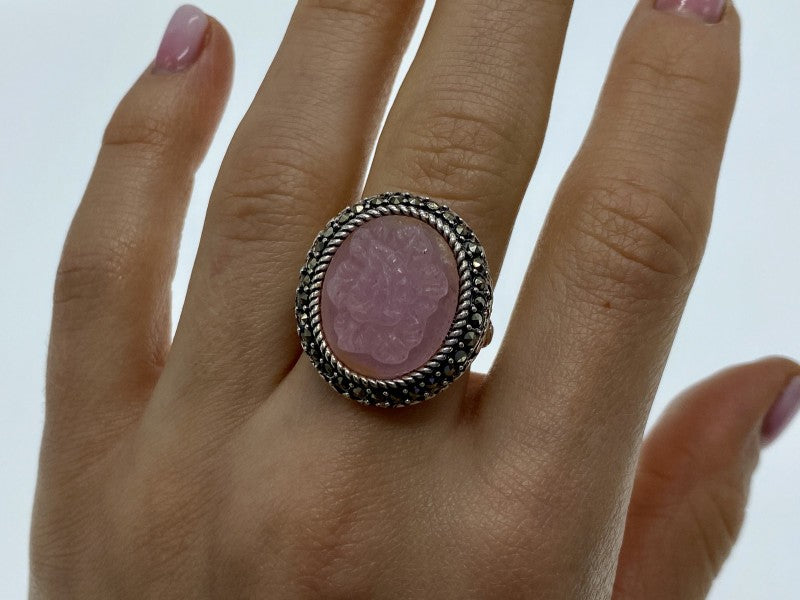 925 Sterling Silver Agate & Marcasites "Cameo" Ring Size 9.75