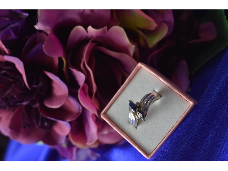 925 Sterling Silver Blue Spinel & CZ Ring Size 8