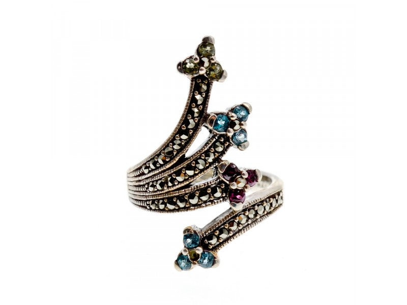 925 Sterling Silver Peridot, Topaz, Spinel & Marcasites Ring Size 6