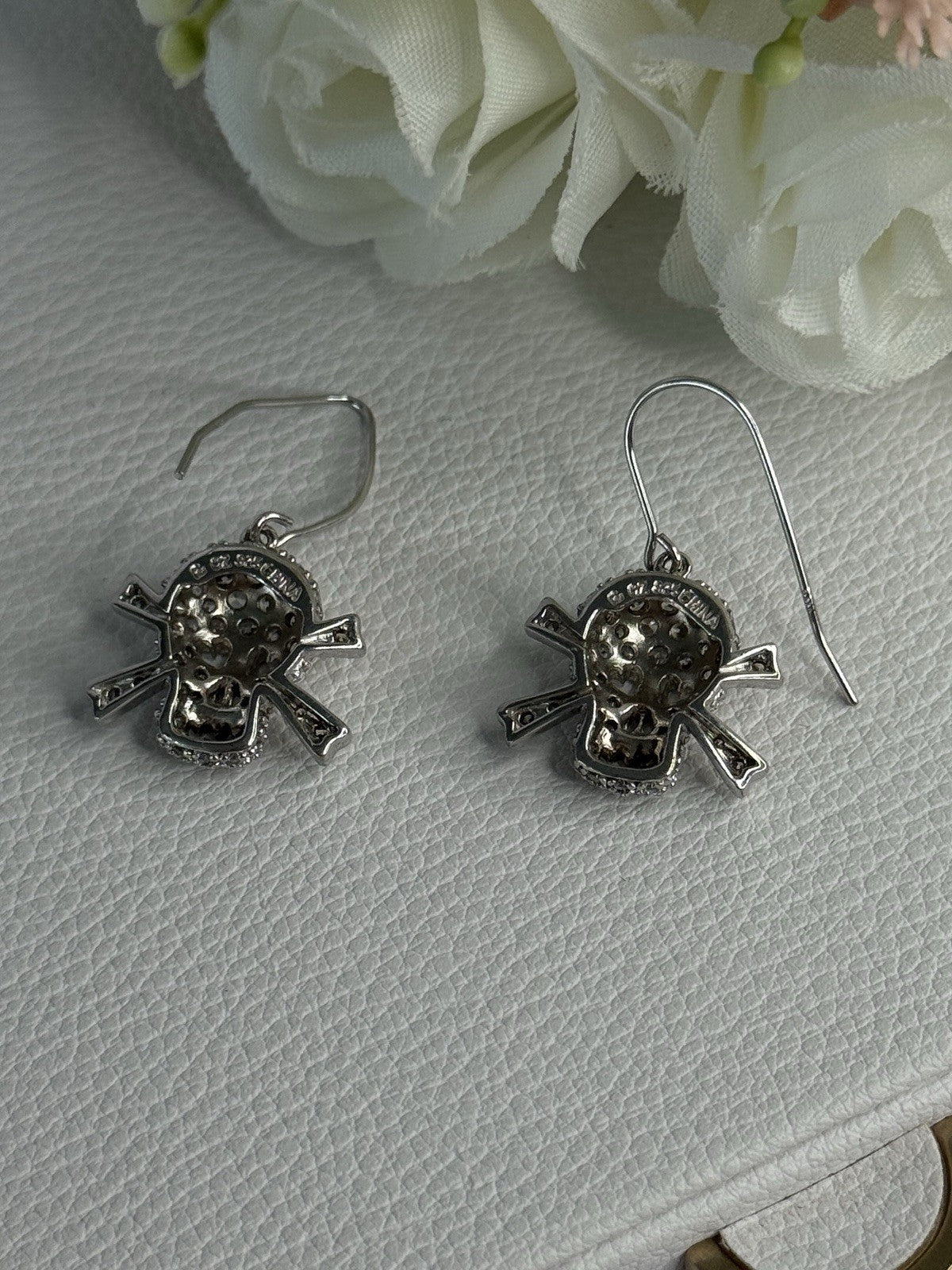 925 Sterling Silver Skull CZ Earrings Length 1.10 Inch