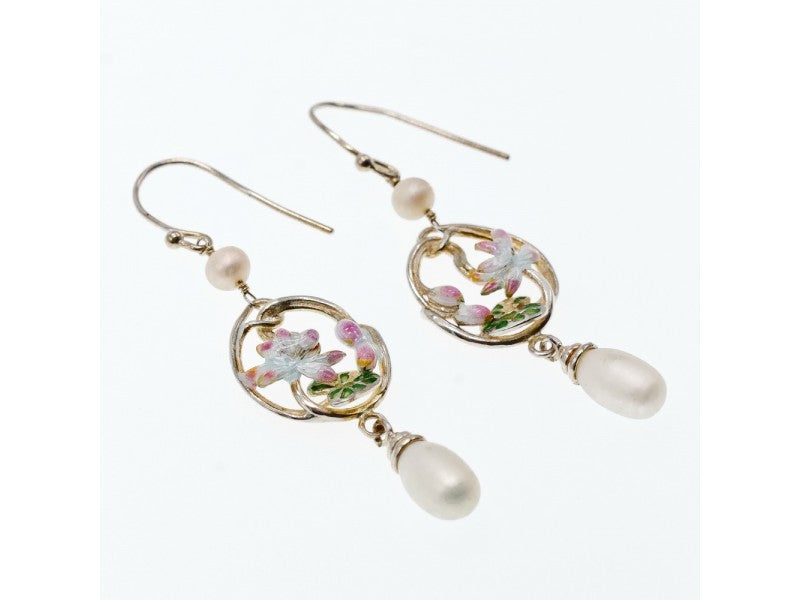 925 Sterling Silver Pearls & Enamel Earrings