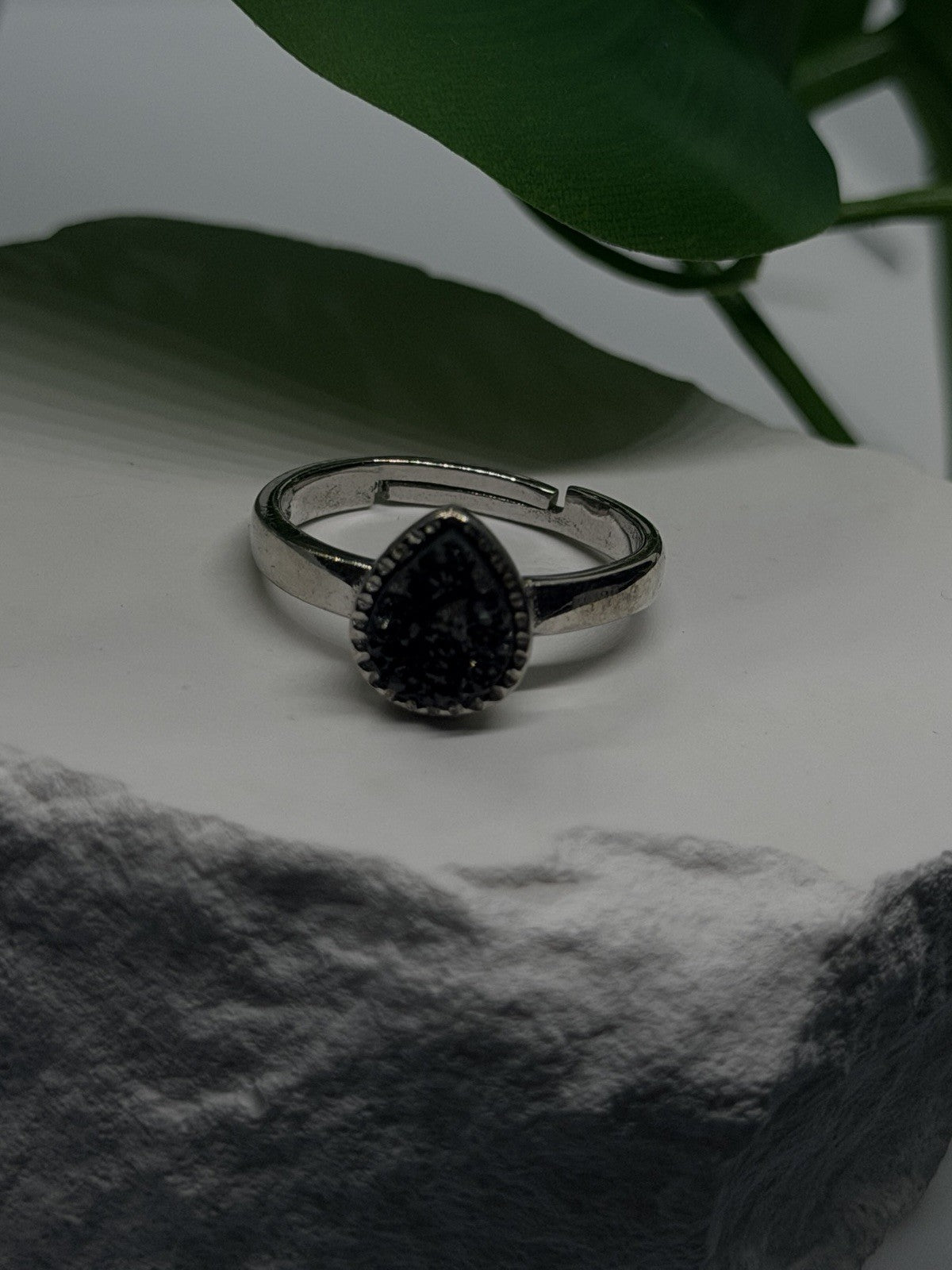 Adjustable 925 Sterling Silver Black Druzy Pear Ring