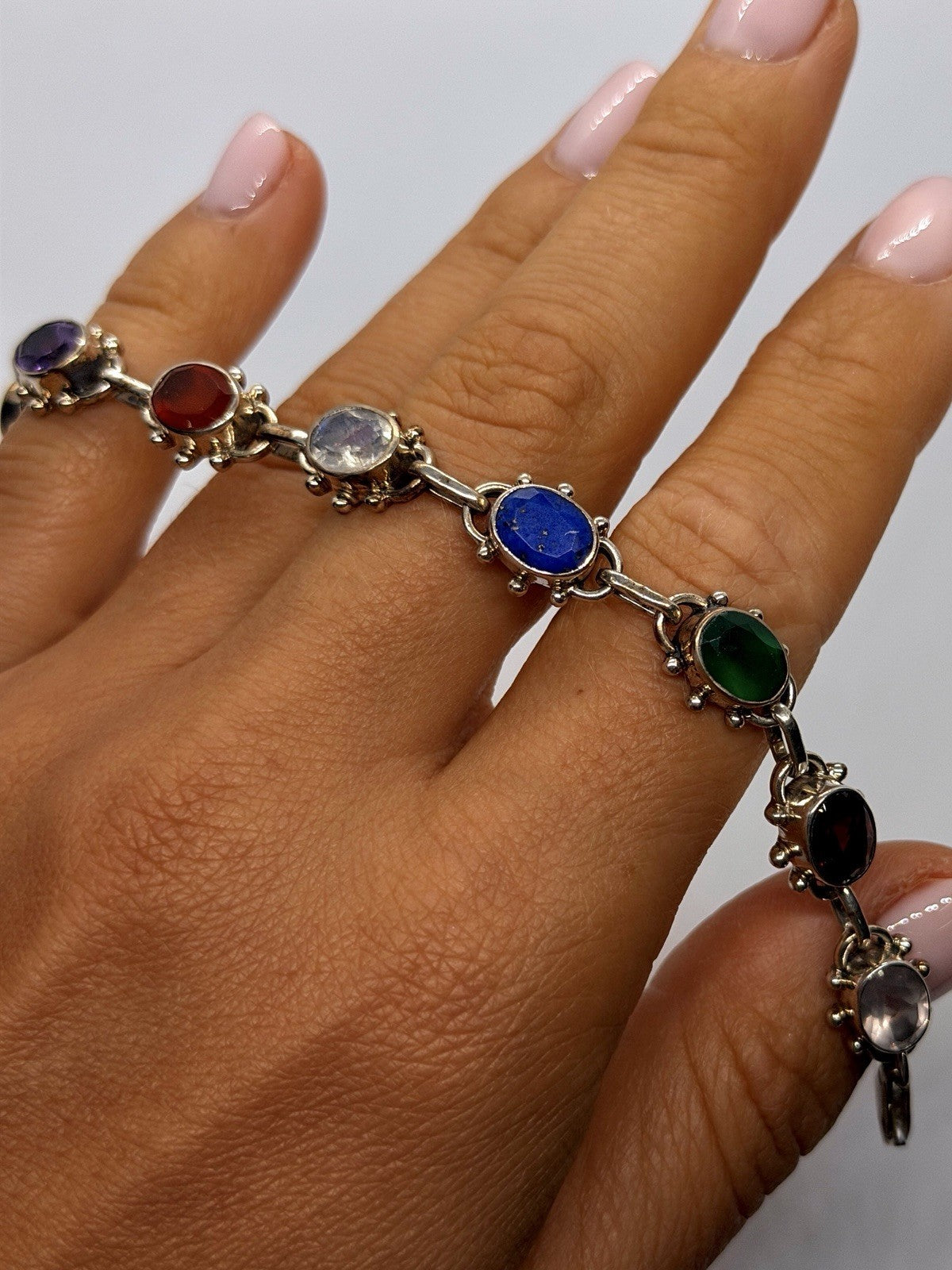 Vintage 925 Sterling Silver Multi-Gemstone Oval Link Bracelet Size 7