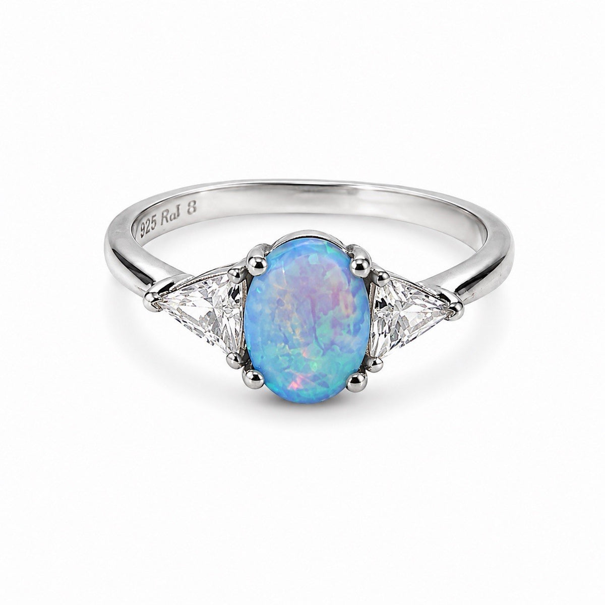 925 Sterling Silver Oval Blue Opal & White Beryl Tree-Stone Ring Size 8