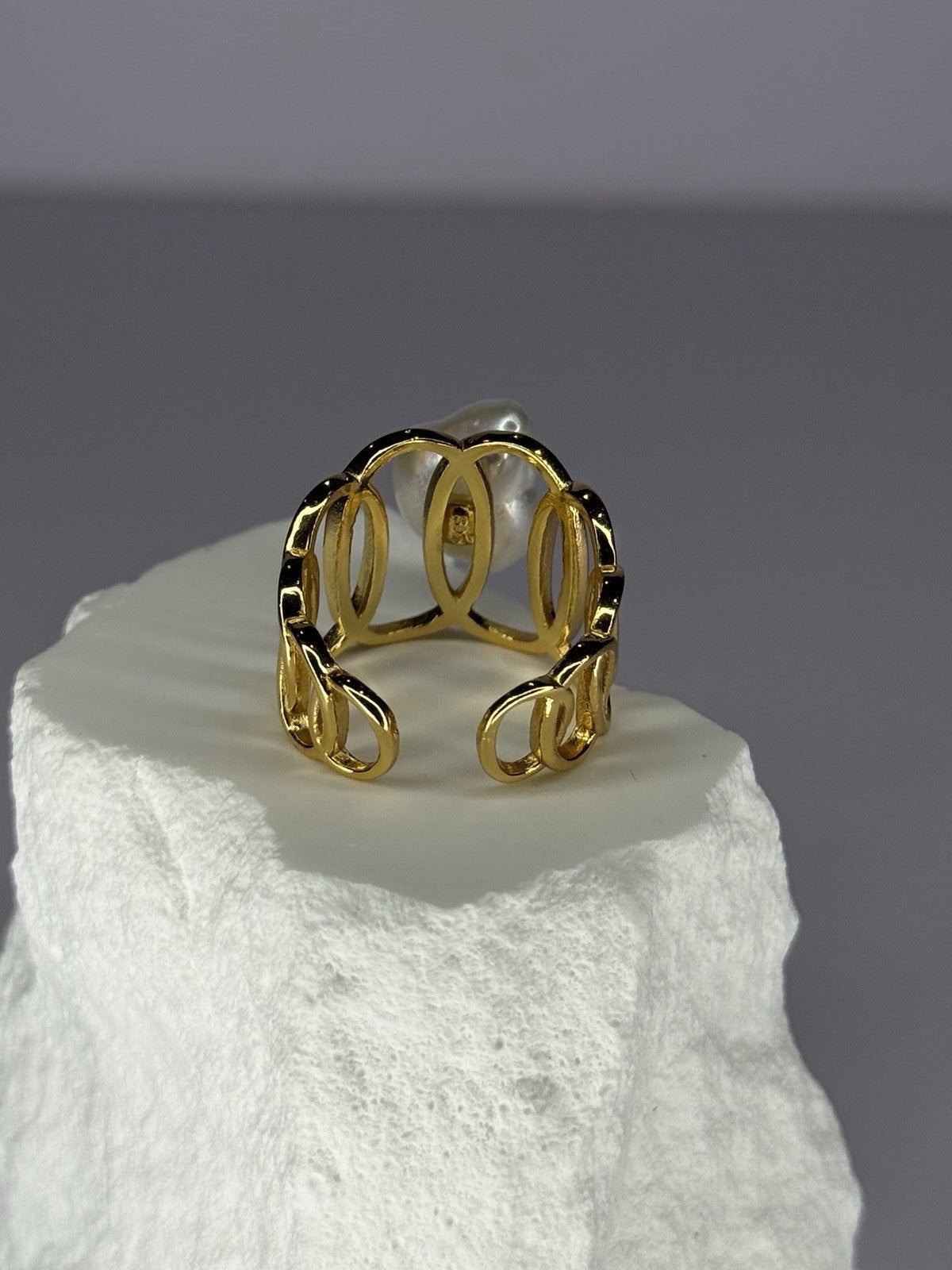 925 Sterling Silver Gold Plated Pearl  Ring Size Adjustable