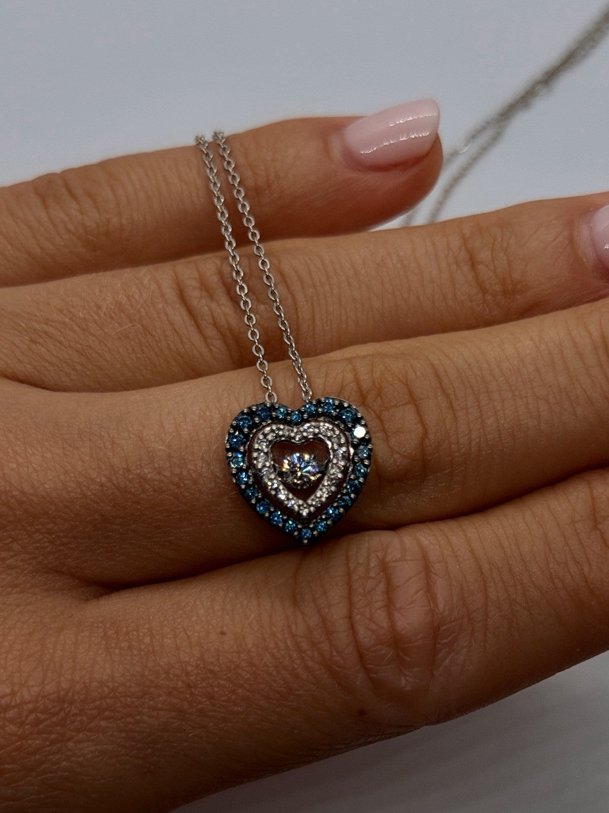 925 Sterling Silver Blue & White Spinel Heart Spinner Necklace