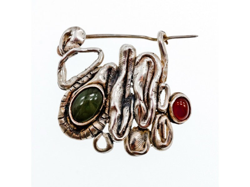Vintage 925 Sterling  Silver Green  Jade & Red Carnelian Brooch