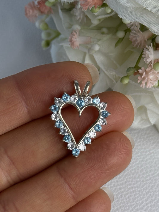 925 Sterling Silver Blue & White Topaz Heart Pendant Length 1 Inch