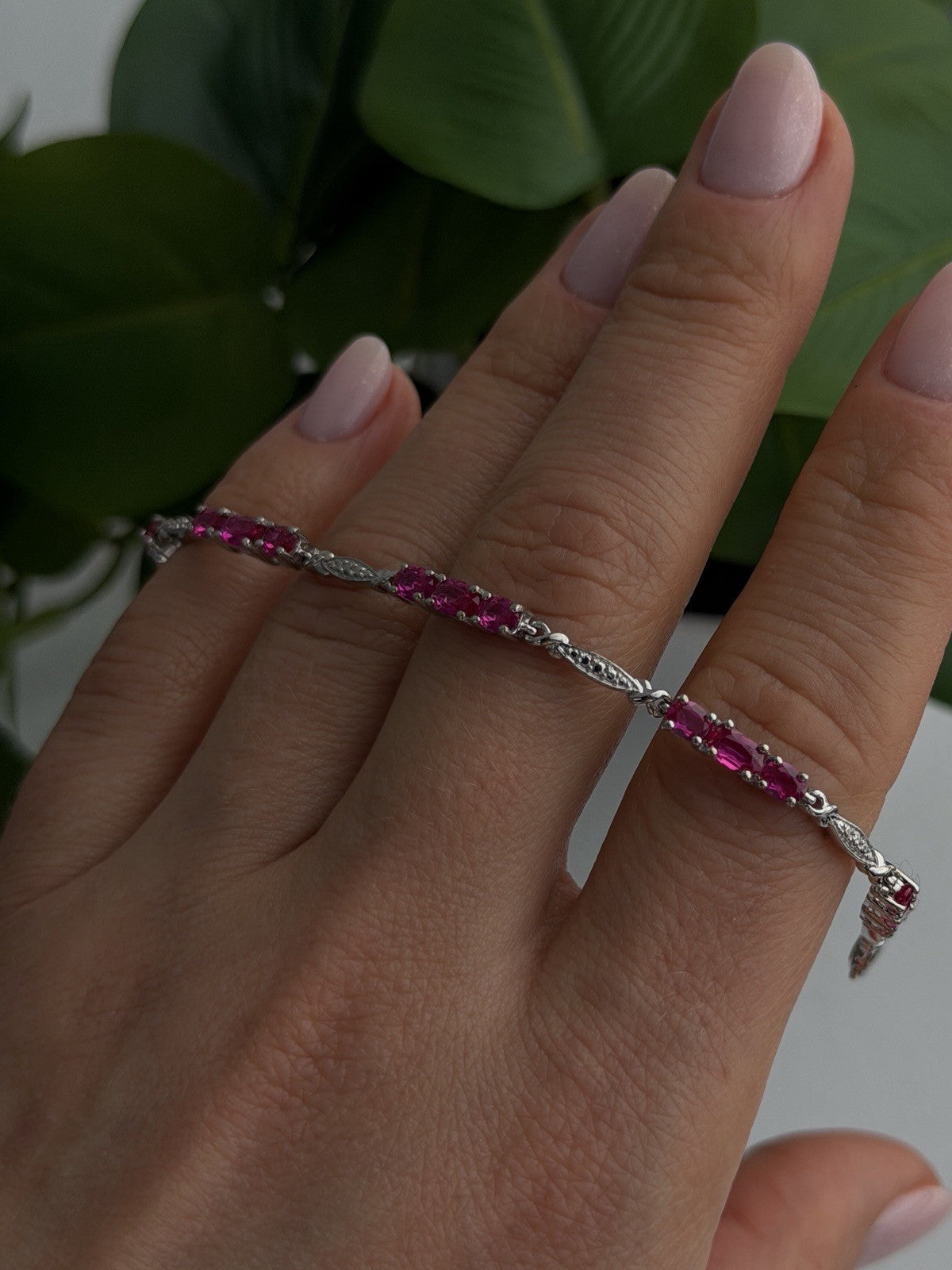 925 Sterling Silver Pink Sapphire Love Romantic Bracelet 7