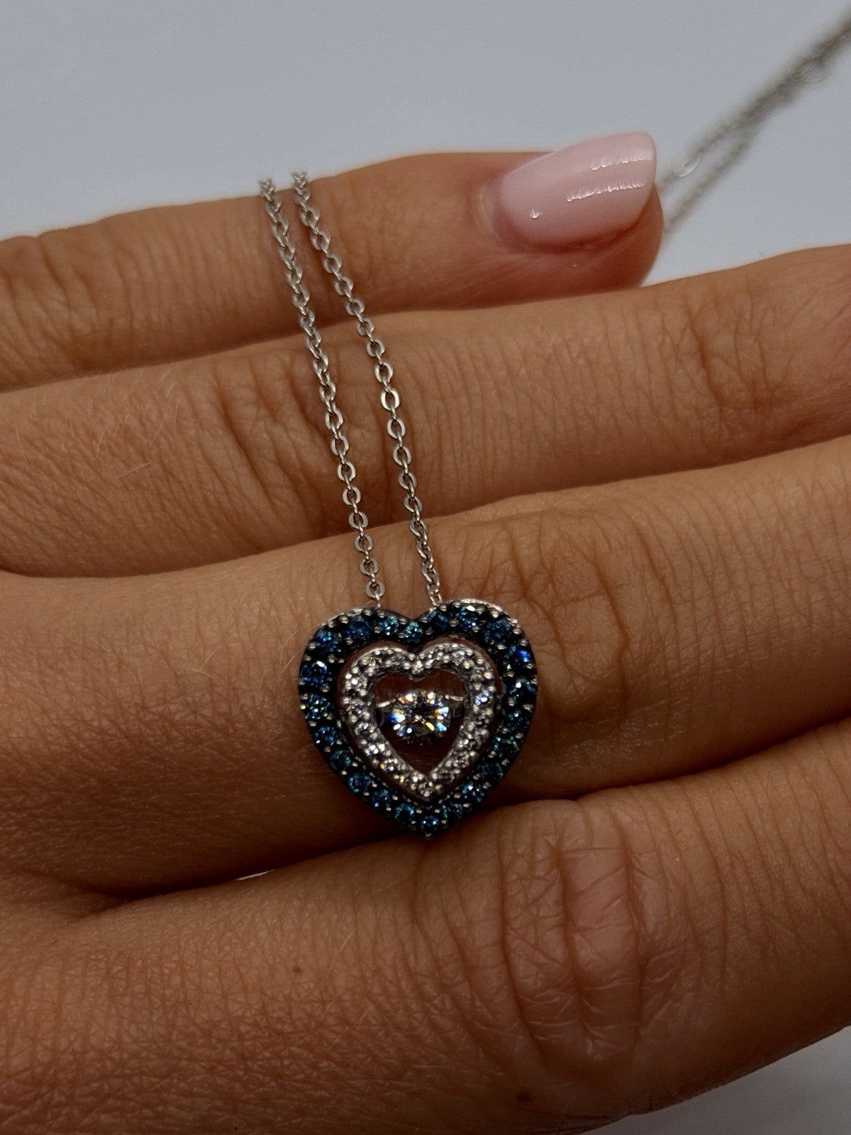 925 Sterling Silver Blue & White Spinel Heart Spinner Necklace