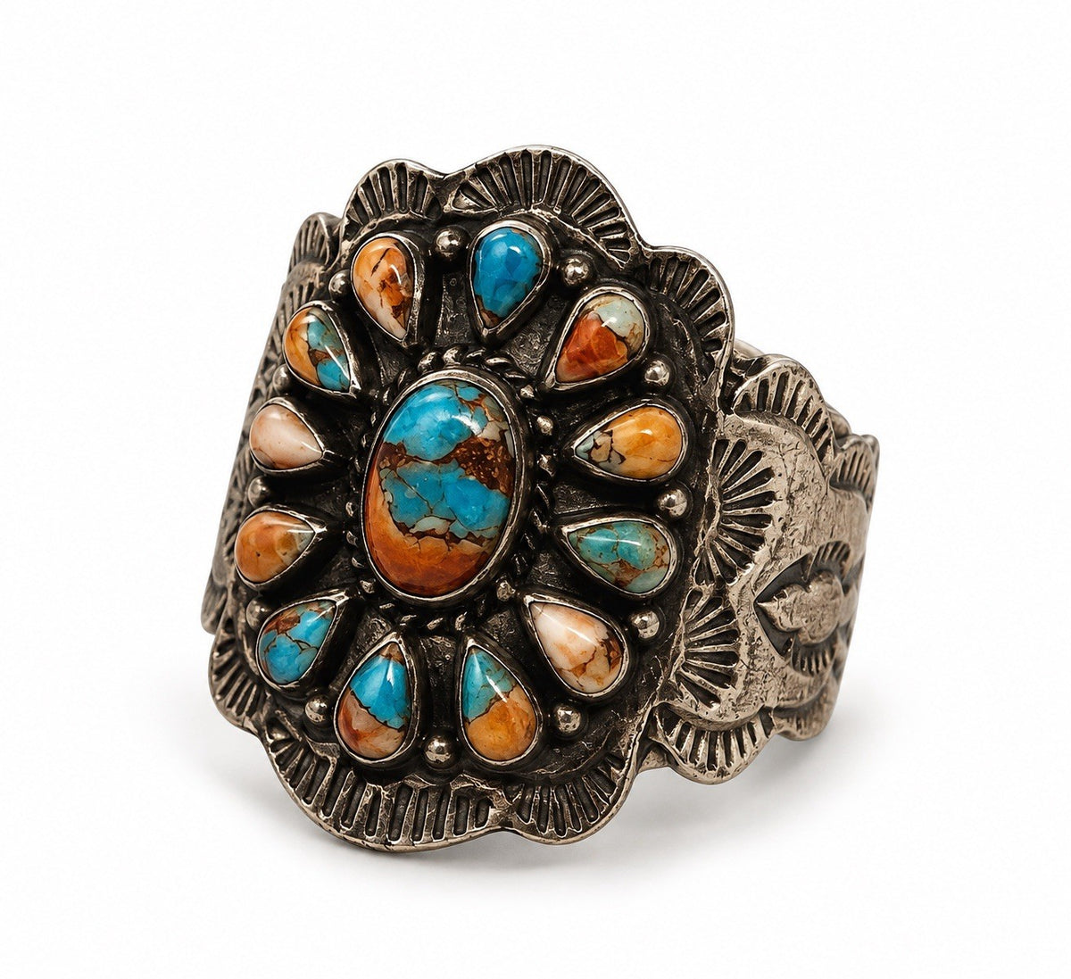 Southwestern Floral 925 Sterling Silver Turquoise Spiny Oyster Ring Size 8