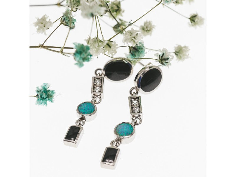 925 Sterling Silver Onyx, Opal & CZ Earrings