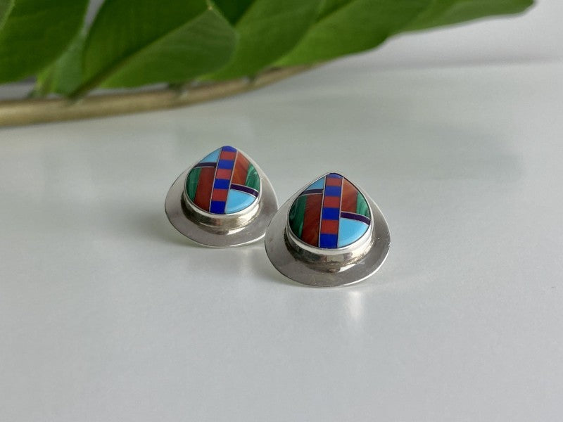 Vintage 925 Sterling Silver Agate Mosaic Stud Earrings