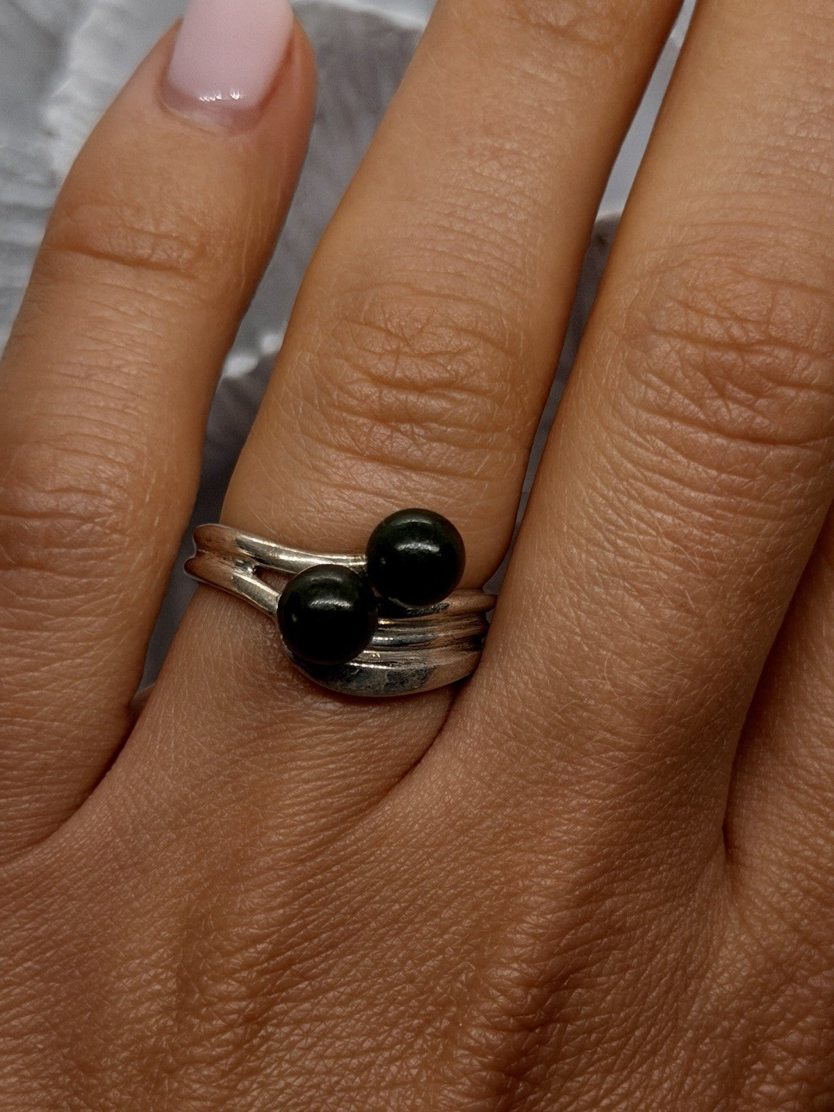 Vintage 925 Sterling Silver Double Green Jade Ring Size 6