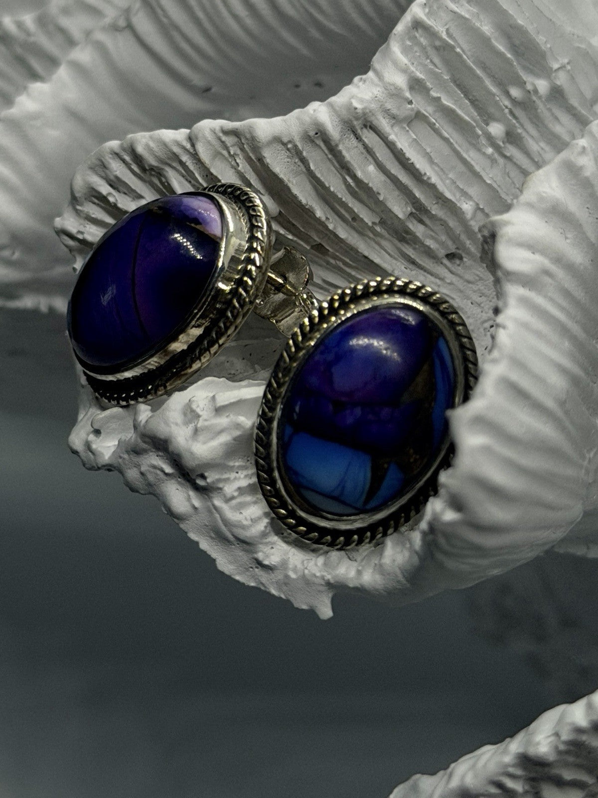 925 Sterling Silver Purple & Blue Turquoise Composite Stone Oval Stud Earrings