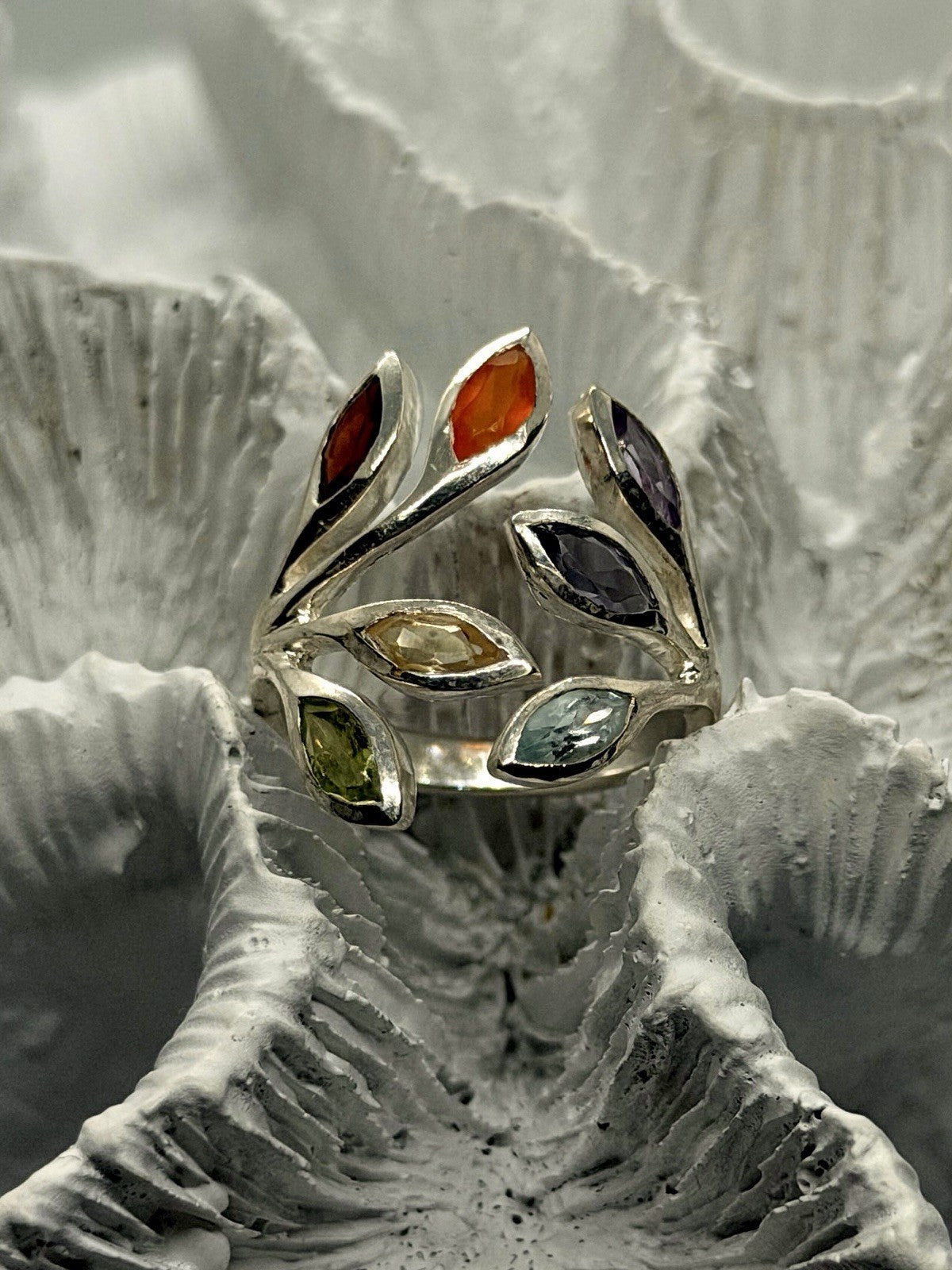 Adjustable 925 Sterling Silver Multi Color Stones Rainbow Ring