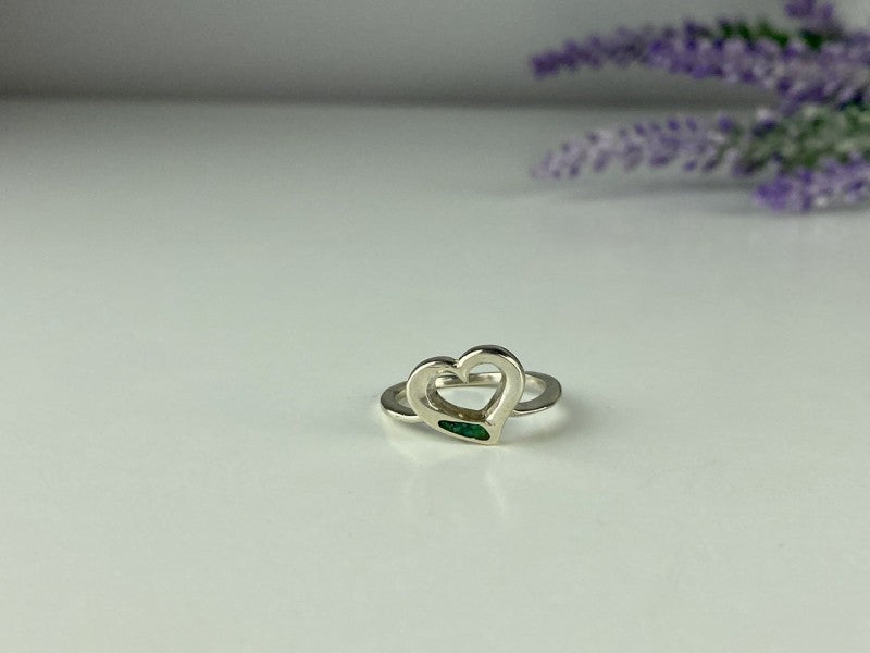 925 Sterling Silver Malachite Insert "Heart" Ring Size 6.5